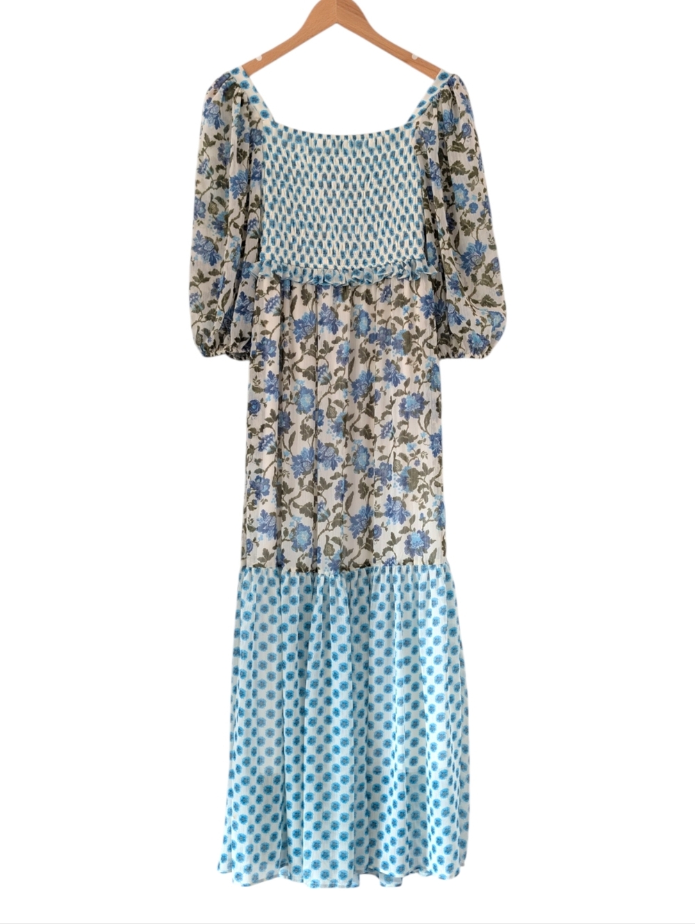 Taylor Smocked Floral Tiered Green Blue Maxi Dress Boho Cottagecore Prairie Sz 4